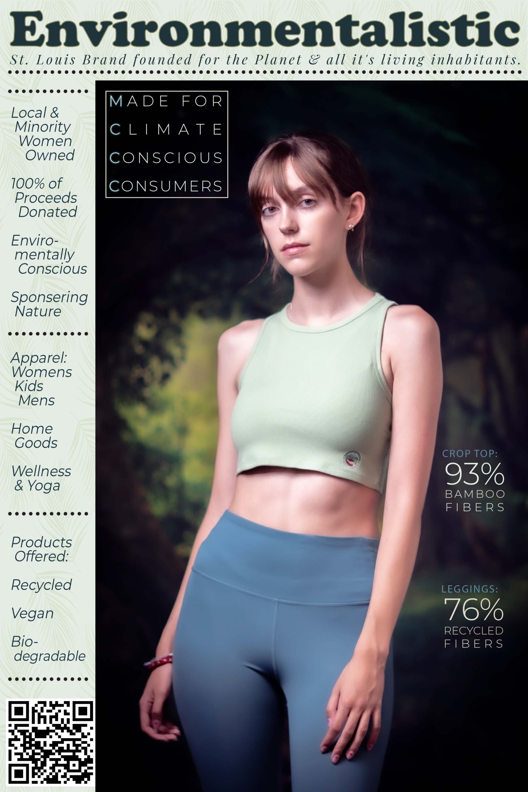 Environmentalistic ad poster promoting eco-friendly bamboo crop top and recycled plastic leggings