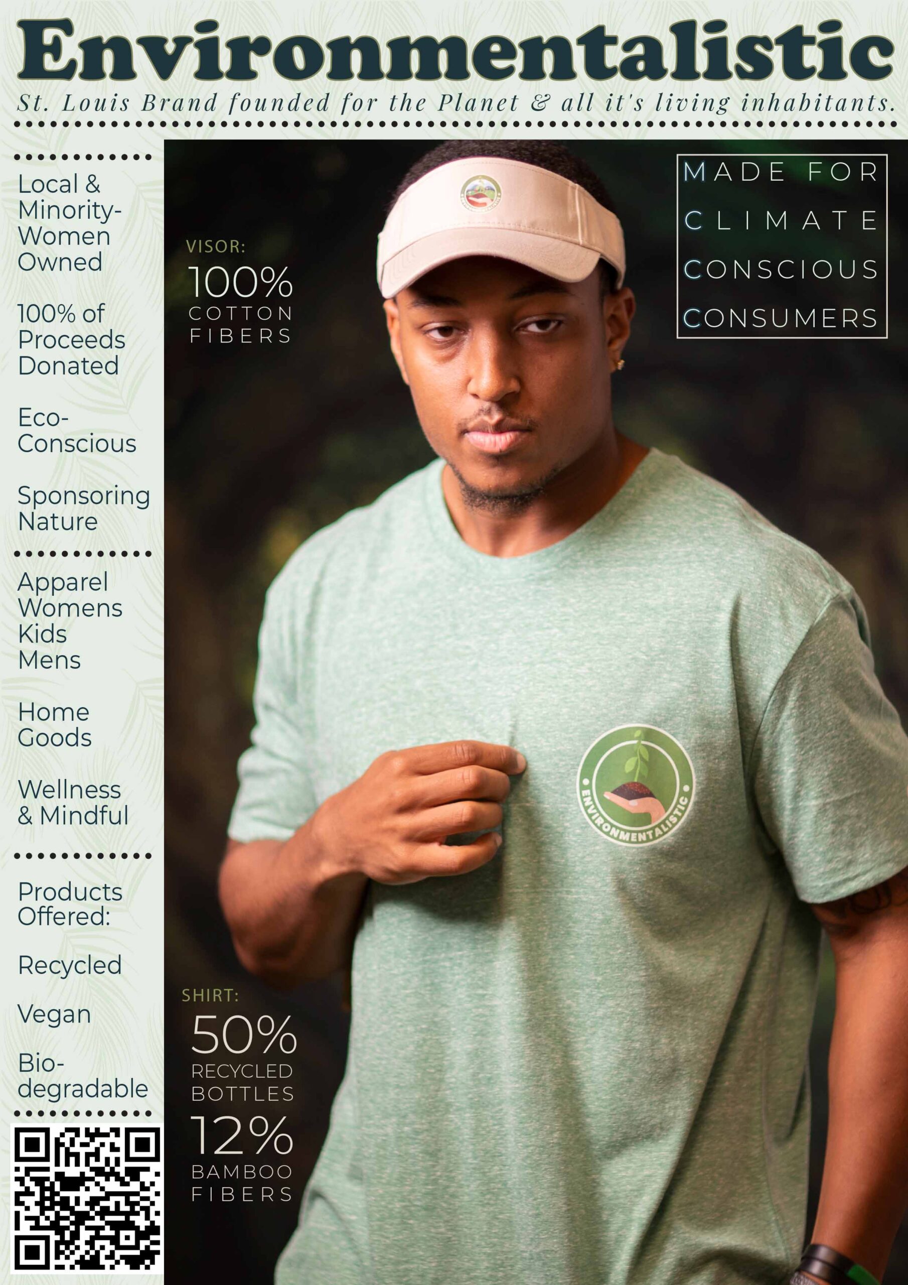 Environmentalistic ad poster promoting 100% cotton visor and eco-friendly t-shirt made from recycled water bottles and bamboo.